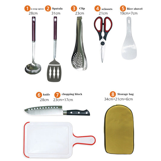 Juego de 8 utensilios de cocina para campamento, organizador de viaje, accesorios para parrilla, equipo compacto portátil para barbacoa, camping, senderismo