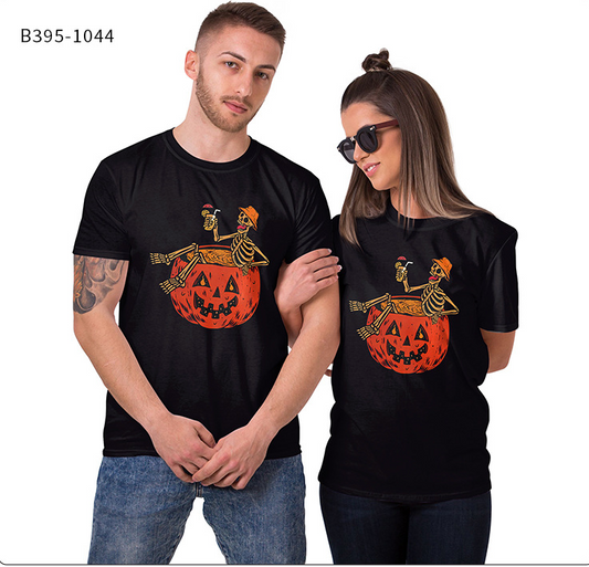 Pumpkin Skeleton Round Neck Short Sleeve T-Shirt
