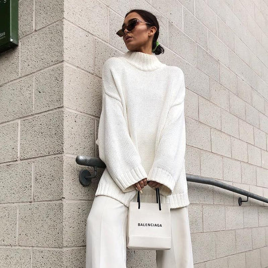 Suéter de manga larga y cuello alto de color liso a la moda para mujer