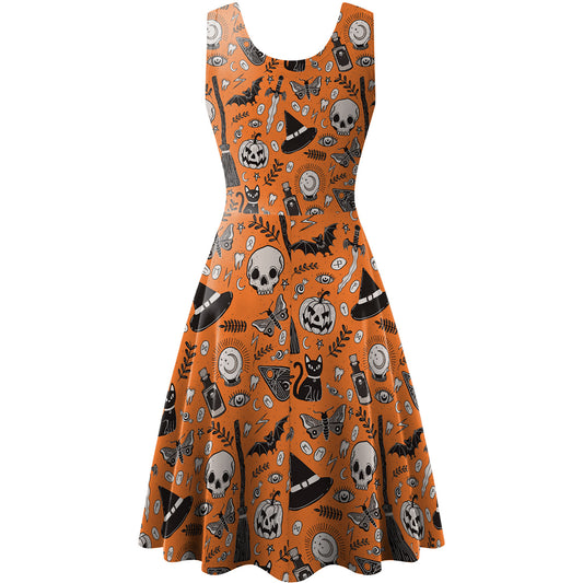 Women's Sleeveless Pumpkin Skull Halloween Dress