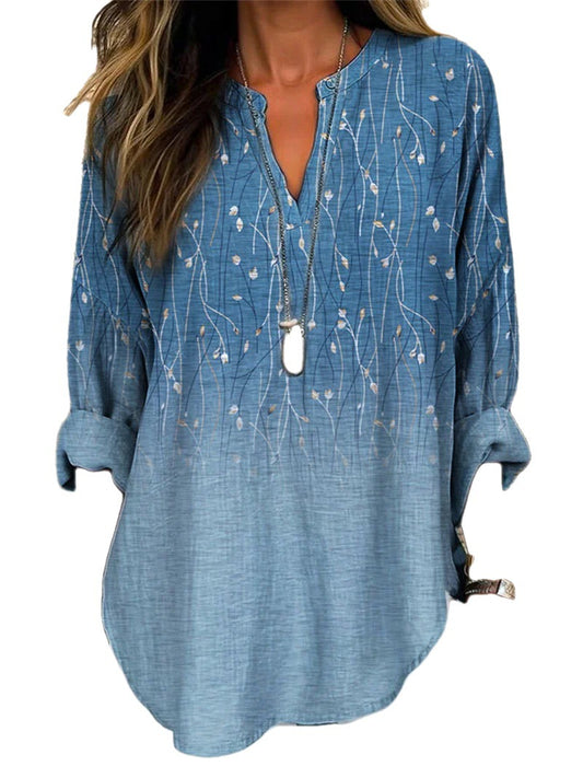 Flower Striped Printed Loose Long Sleeves Stand Collar Shirt