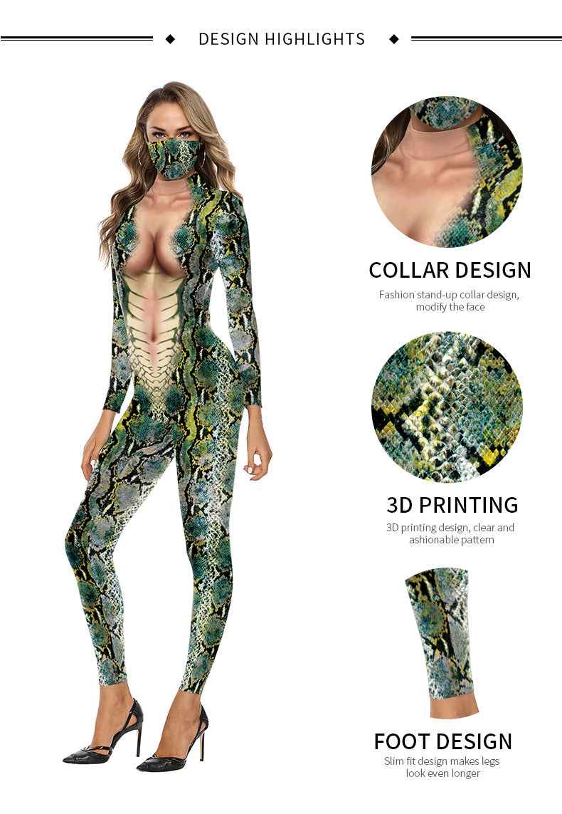 Animal Snake Pattern 3D Digital Printing One Piece Set Long Sleeve