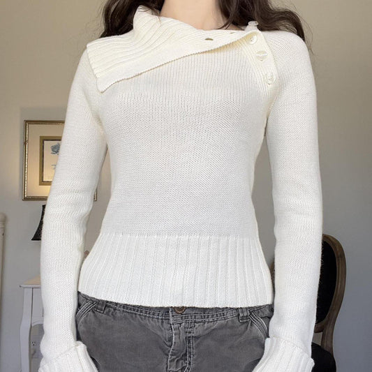 Suéter de cuello polo con botones en diagonal de color liso para mujer