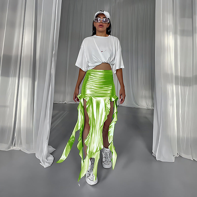 Falda de cola de pez de PU reflectante con borlas y cinta europea y americana, microelástica, irregular