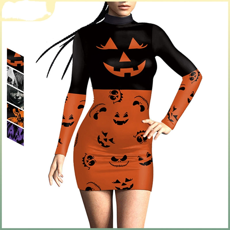 Vestido ajustado sexy de manga larga con estampado digital 3D de calabaza para mujer