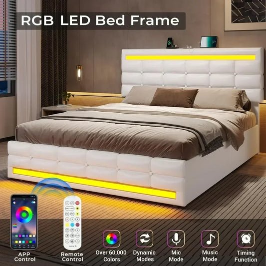 Bed Frame with Drawers, LED Bed Frame with Charging Station and Storage