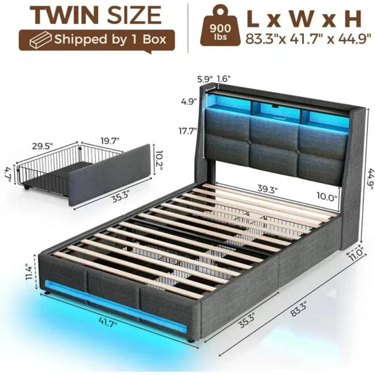 Twin Size Frame with LED Lights and Charging Station