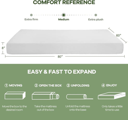 8 Inch Queen Gel Memory Foam Mattress Pressure Relieving, Cooling Gel Foam, Material & Construction,Bed-in-a-Box, White