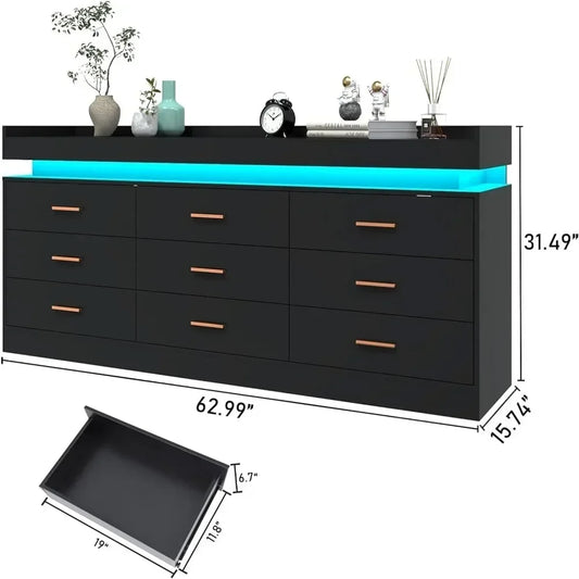 Modern Dresser 9 Drawer with LED Light,Wide Drawer Organizer Cabinet for Bedroom Living Room Chest for Closet of Wood Drawers