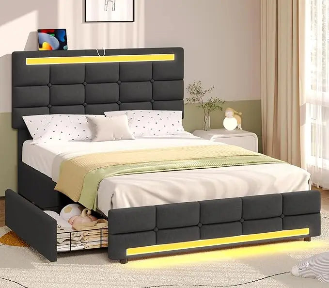 Bed Frame with Drawers, LED Bed Frame with Charging Station and Storage