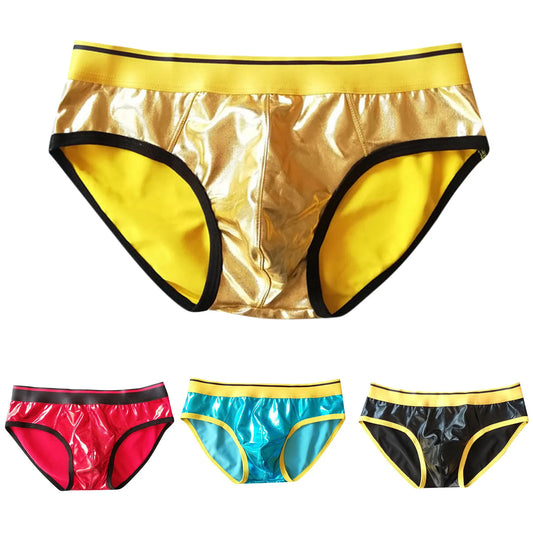 Men's Triangle Pants Faux Leather Sexy Reflective Gold Fun Underwear