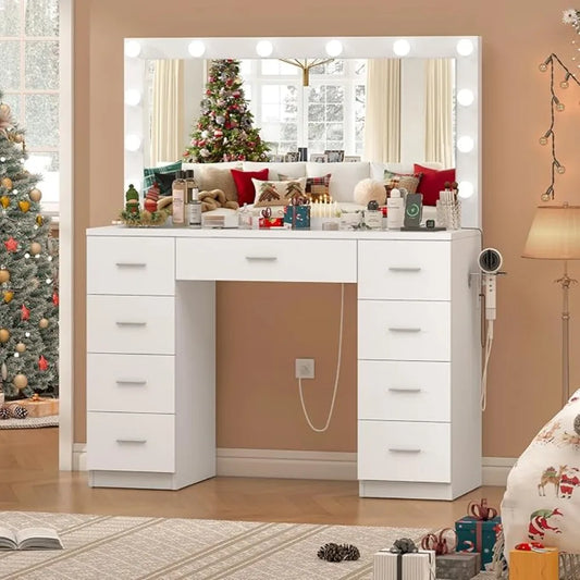 Vanity Desk Makeup Vanity with 10 LED Lights & 7 Metal Sliding Drawers Vanity Table with Open Shelves Makeup Table