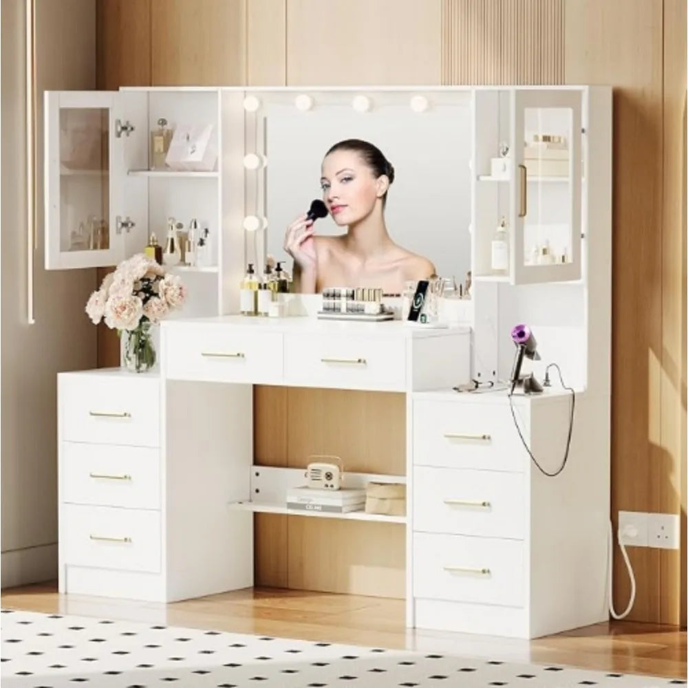 58.3" Makeup Vanity Desk with Charging Station, White Makeup Dressing Table with Mirror & Lights, 3 Lighting Modes Adjustable