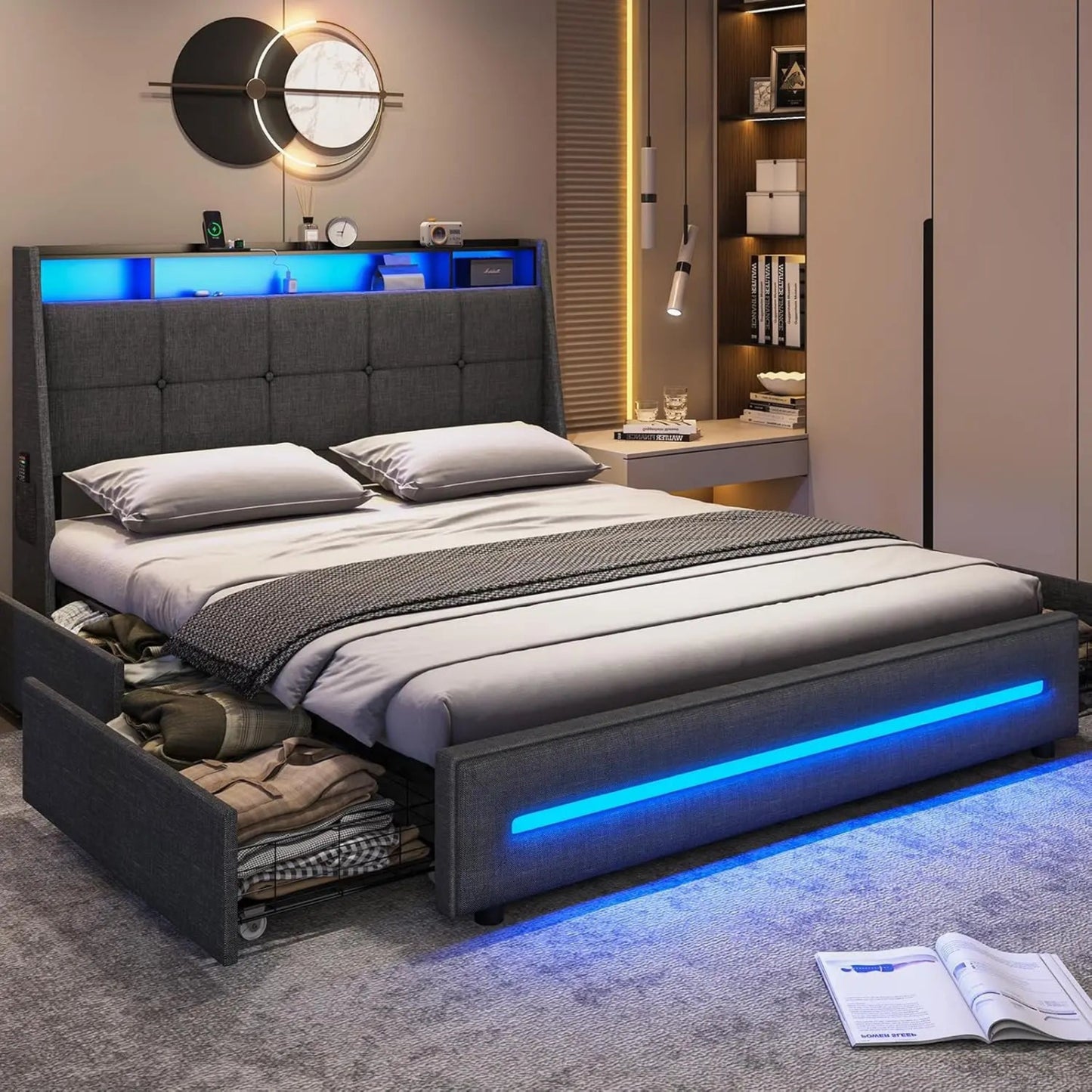 King Size Bed Frame w 4 Storage Drawers, Charging Station and LED Lights