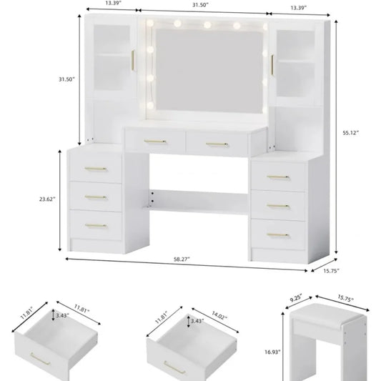 58.3" Vanity Desk with Mirror & Lights, Makeup Vanity with 10 LED Lights, 8 Metal Sliding Drawers & 2 Cabinets, White Vanity Set