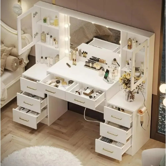 58.3" Makeup Vanity Desk with Charging Station, White Makeup Dressing Table with Mirror & Lights, 3 Lighting Modes Adjustable