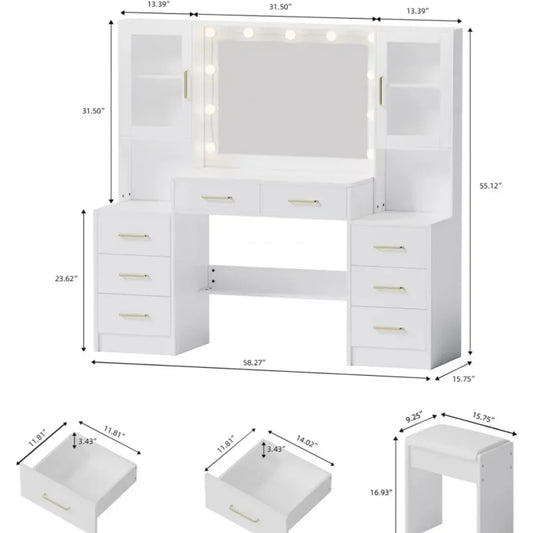 58.3" Vanity Desk with Mirror & Lights, Makeup Vanity with 10 LED Lights, 8 Metal Sliding Drawers & 2 Cabinets, White Vanity Set