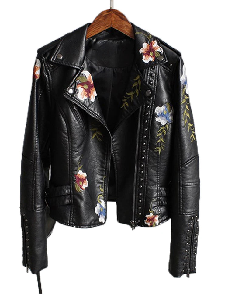 Women's Floral Print Faux Soft Leather Jacket