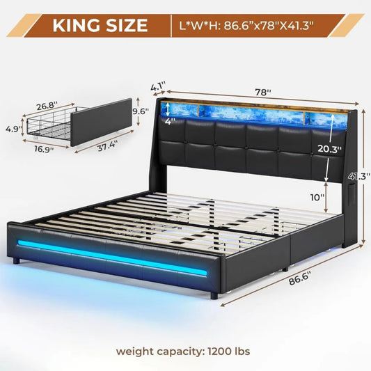 King Size Bed Frame w 4 Storage Drawers, Charging Station and LED Lights