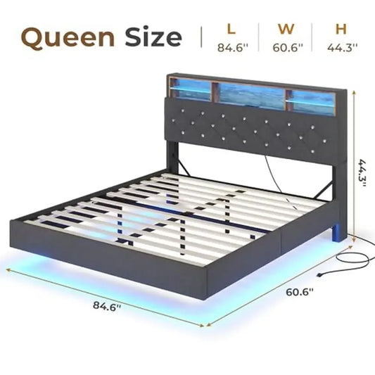 Floating Queen Bed Frame with Storage Headboard RGB LED Lights and Charging Station