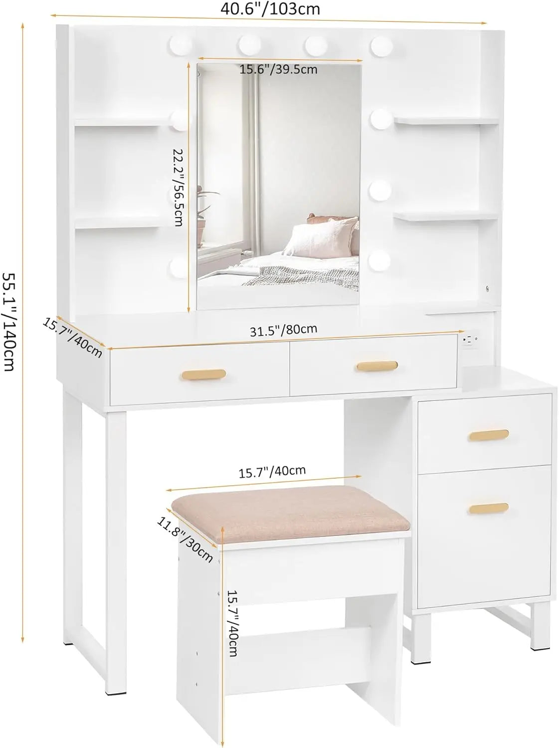 Makeup Vanity Desk Vanity Set with 10 LED Bulbs Lighted Mirror Makeup Vanity Table Set with Charging Station Nightstand 3 Colors