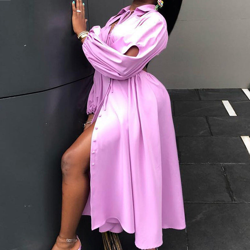 Vestido largo con cuello vuelto y cordones de diseño