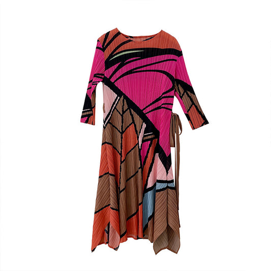 Large Size Loose Slimming Pleated Printed Half Sleeve Lace-up Dress