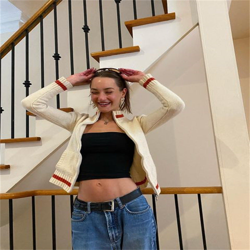 Suéter de punto de color contrastante de estilo deportivo de moda para mujer