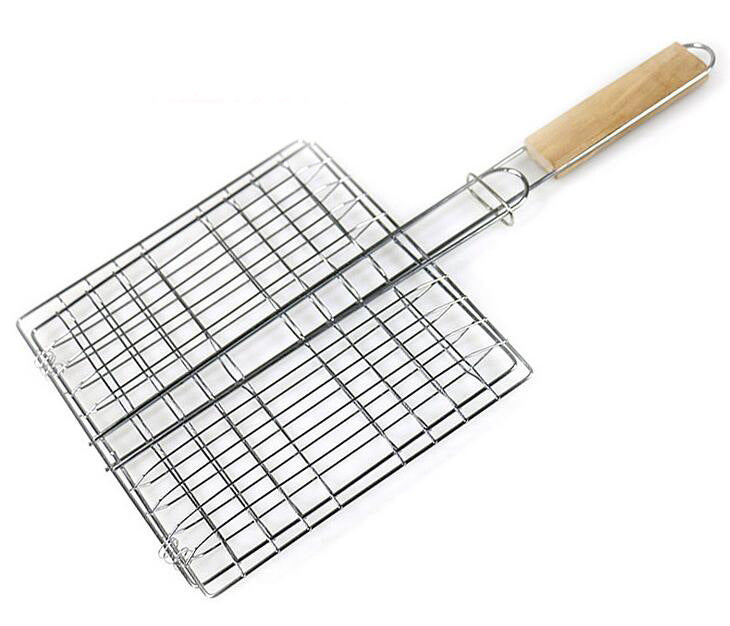 Stainless Steel Outdoor Grill Basket Wooden Handle Square
