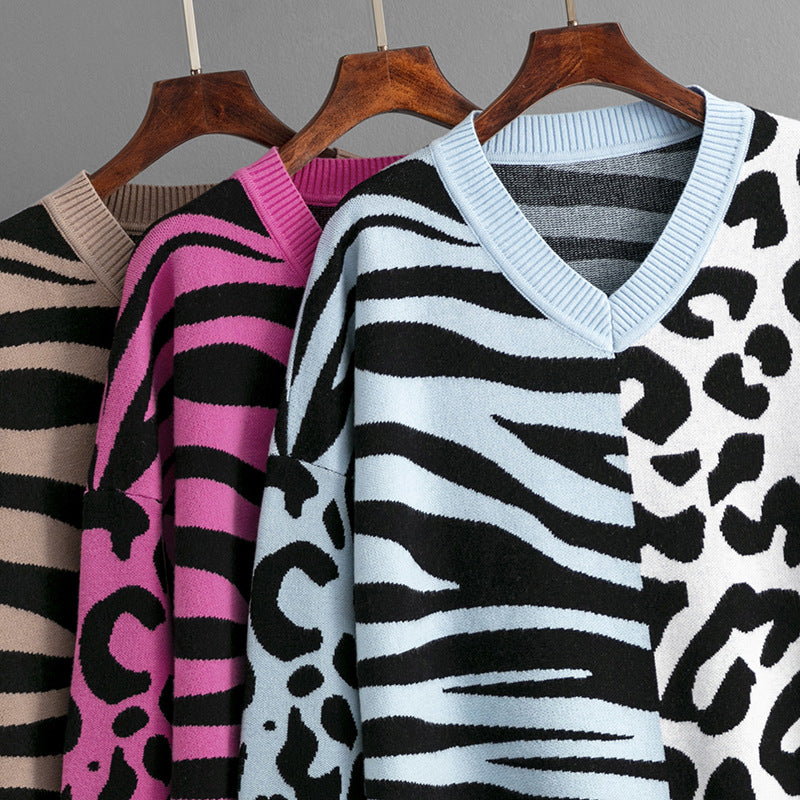 Suéter de punto mixto con patchwork de leopardo para mujer