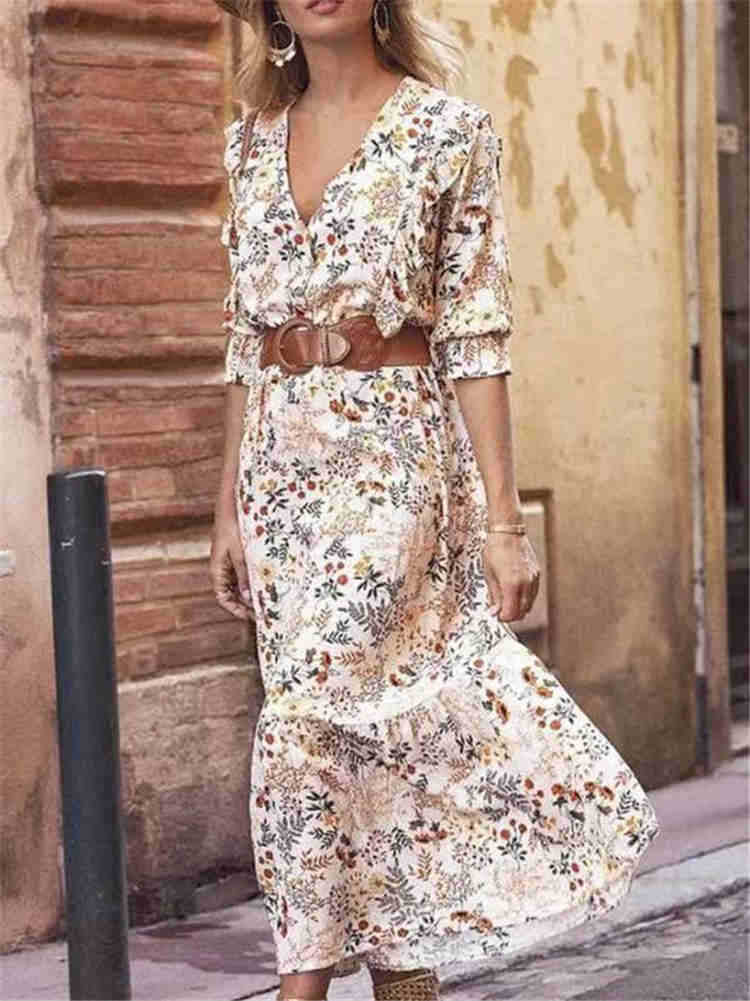 Beige Long Sleeve Floral Print V-neck Dress