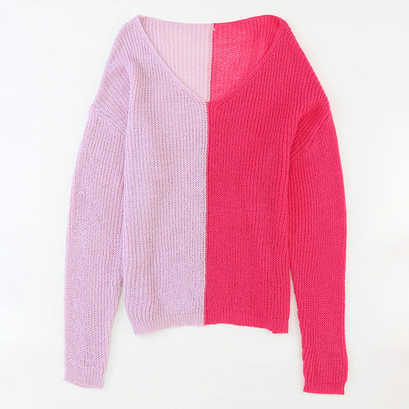 Women's Contrast Color V-neck Long-sleeved Pullover Sweater