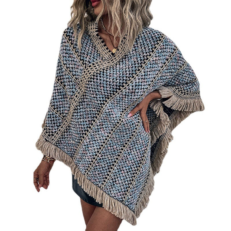 Contrast Color Striped Ethnic Style Tassel Pullover Cloak Shawl