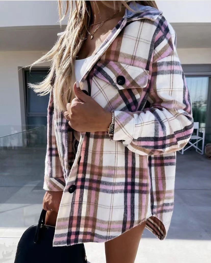 Women's Fashion Hooded Woolen Plaid Shirt