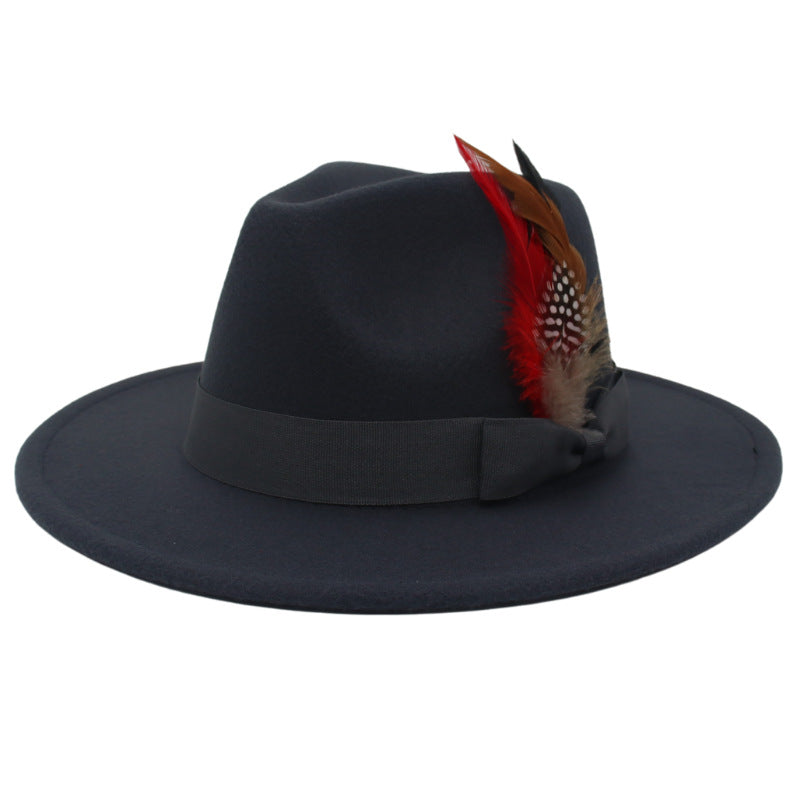 Bow Feather Autumn And Winter Broad-brimmed Hat European And American Style Cashmere Felt Cap