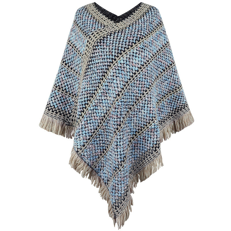 Contrast Color Striped Ethnic Style Tassel Pullover Cloak Shawl