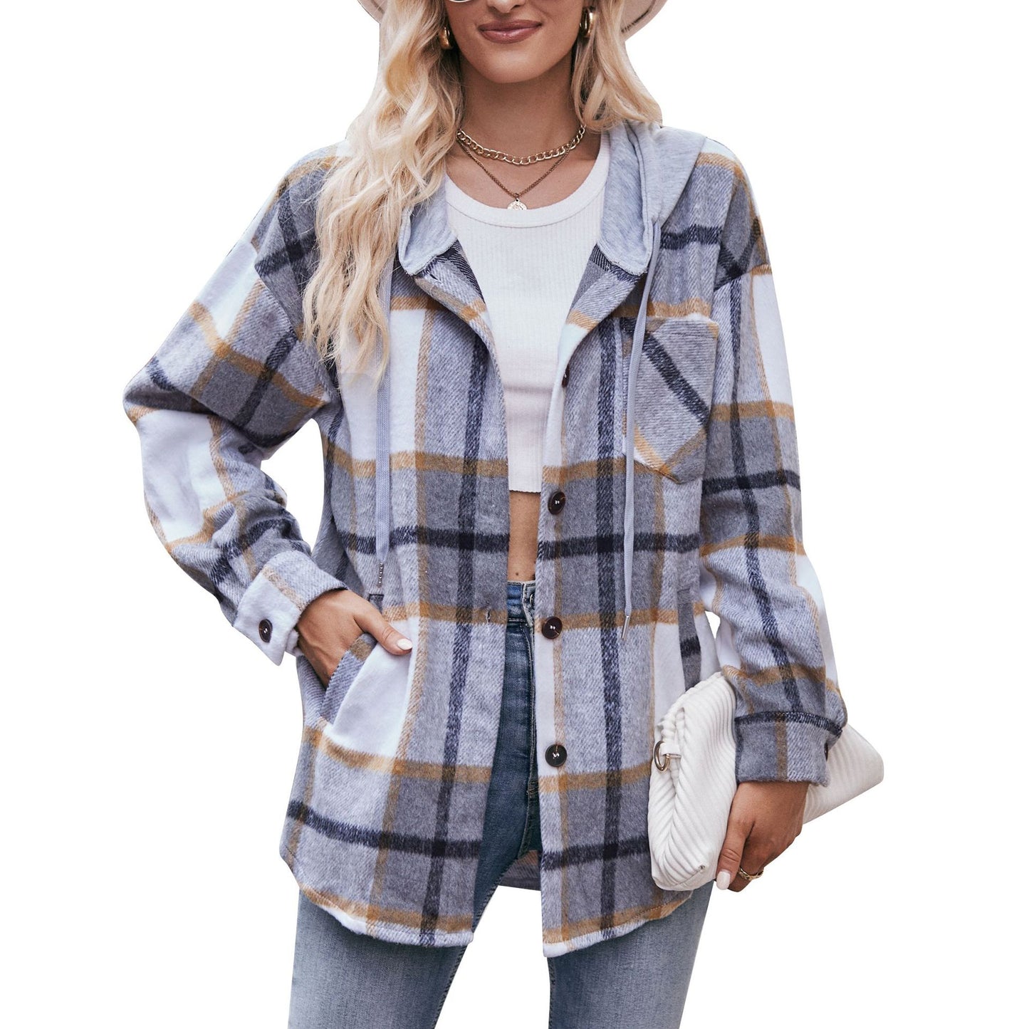 Ladies Hooded Casual Mid-length Plaid Shirt