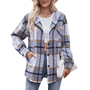 Ladies Hooded Casual Mid-length Plaid Shirt