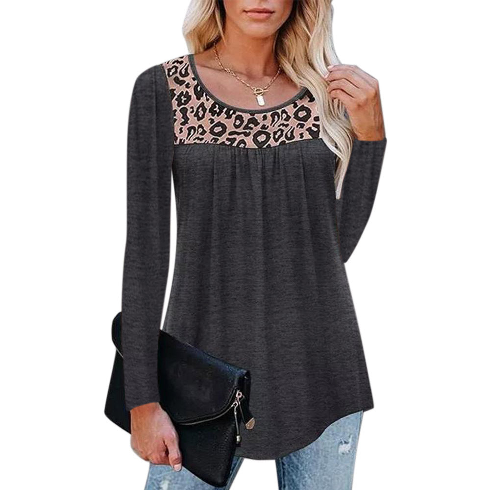 Women's Leopard Splicing Loose Round Neck Long Sleeve T-shirt