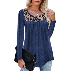 Women's Leopard Splicing Loose Round Neck Long Sleeve T-shirt