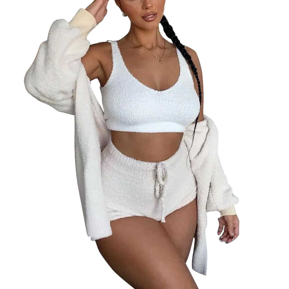 Thermal Three-piece Fluff Coat Spaghetti Strap Short Top Shorts Outfit Set