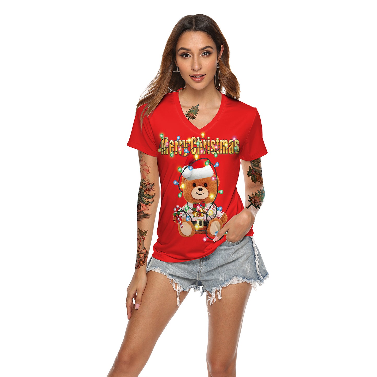 Women's Christmas Digital Printed V-neck T-shirt