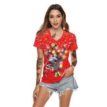 Carica l&#39;immagine nel visualizzatore di Gallery, Women&#39;s Christmas Digital Printed V-neck T-shirt