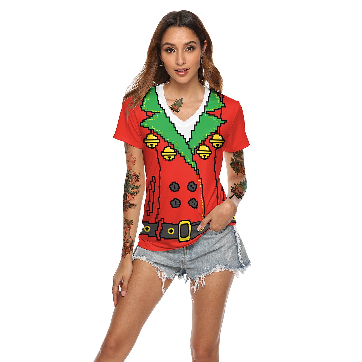 Women's Christmas Digital Printed V-neck T-shirt