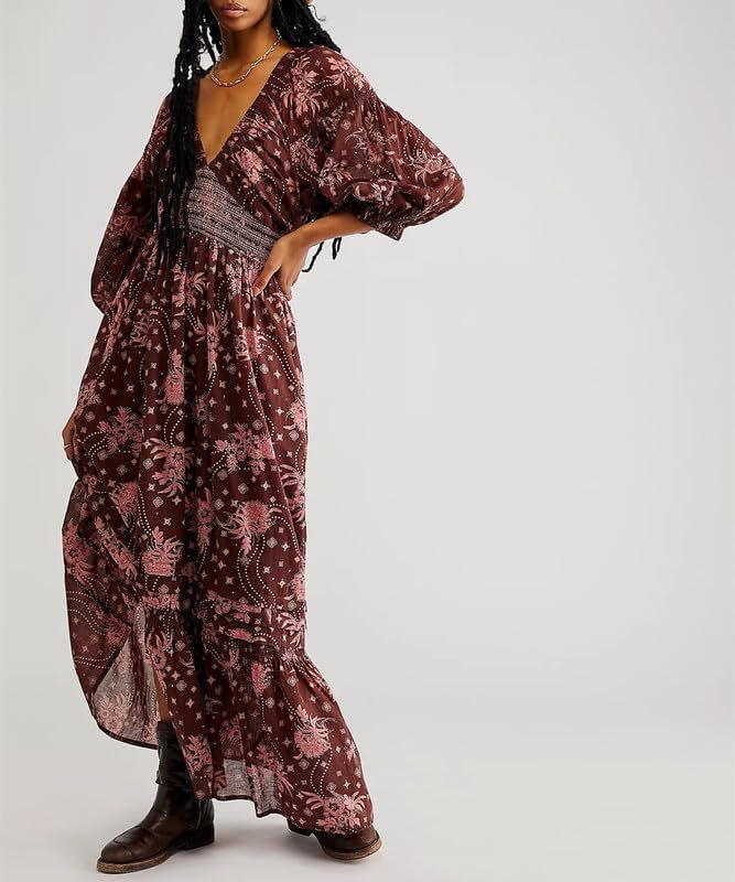 Printed V-neck Tie With Bubble Wrap Sleeve Length Dress