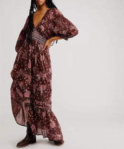 Printed V-neck Tie With Bubble Wrap Sleeve Length Dress