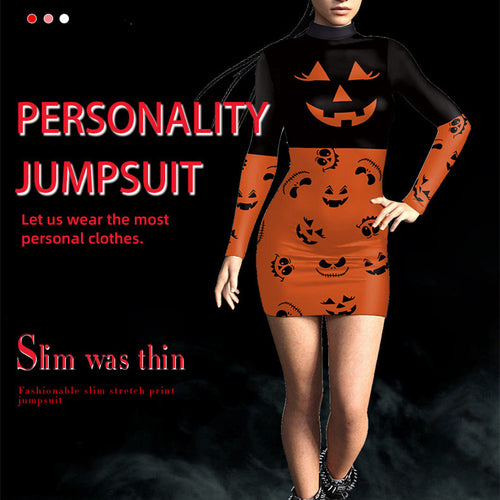 Women's 3D Digital Printing Pumpkin Slim-fit Long-sleeved Sexy Tight Hip Dress