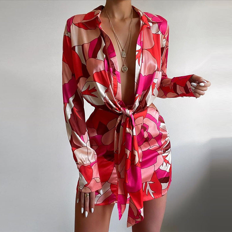 Women's Lapel Print Long Sleeve Dress