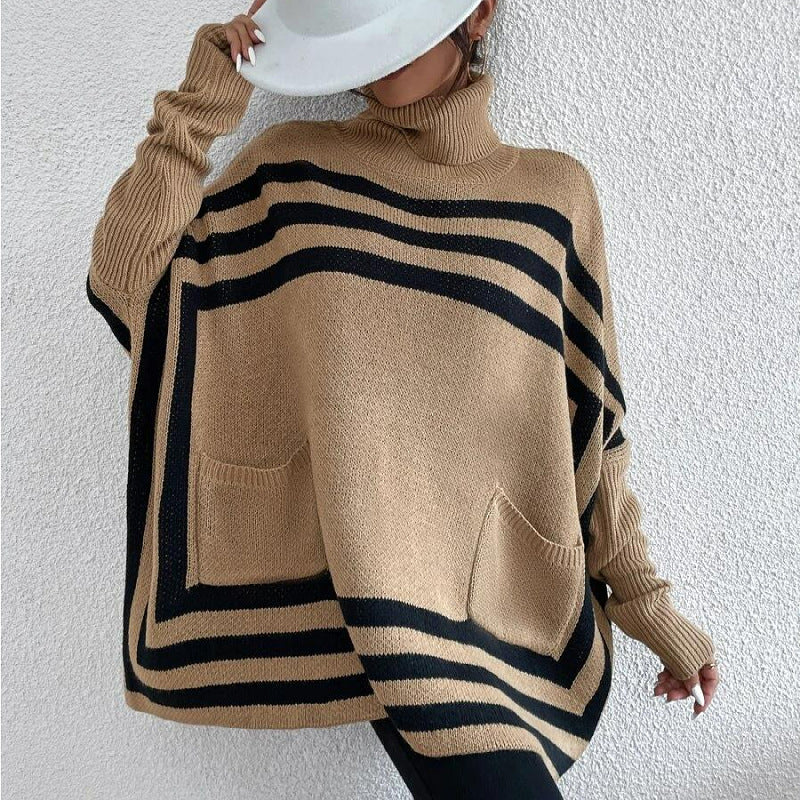 Women's High Neck Striped Bat Sleeve Cape Shawl Sweater