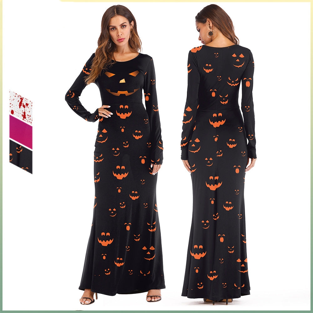 Women's Round Neck And Long Pattern Long-sleeved Pumpkin Digital Printed Dress